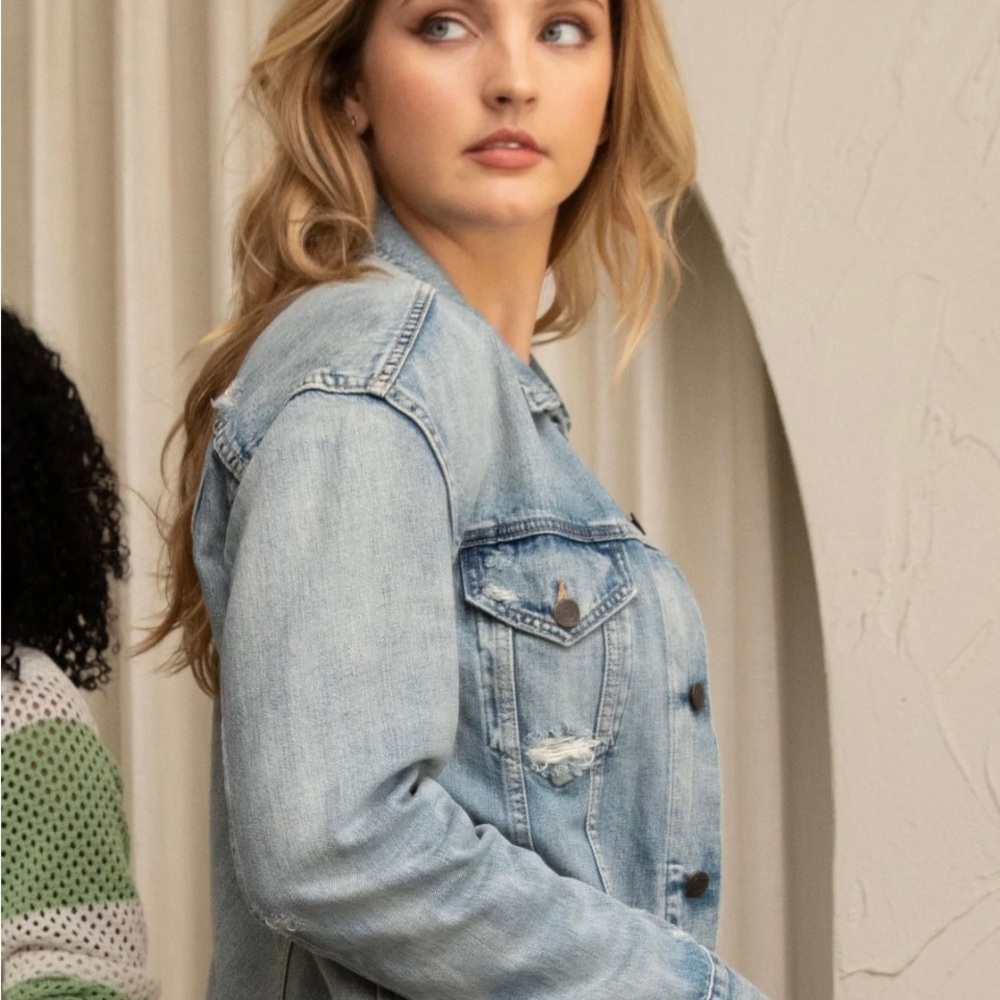 Able Womens Merley Distressed Denim Jean Trucker Jacket sz XL EUC